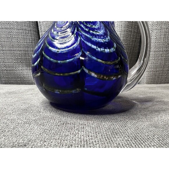 Kyle Gribskov Cobalt Blue Iridescent Inlaid Swirls Wave Blown Art Glass Pitcher - Picture 6 of 16